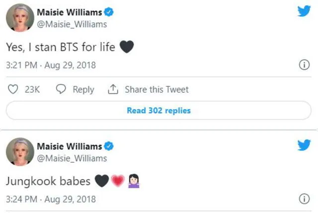 Maisie Williams habló de BTS en sus redes sociales. Foto: Twitter