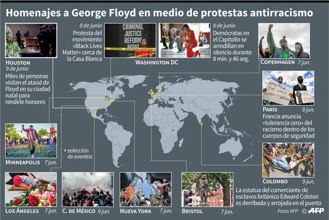 Protestas y homenajes tras la muerte de George Floyd, en una selección de ciudades en todo el mundo
