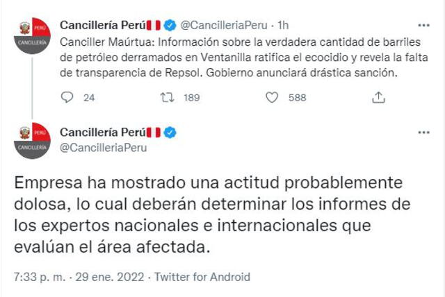 Cancillería reafirmó falta de transparencia de Repsol en cantidad de barriles de petróleo derramados en Ventanilla. Foto: Difusión