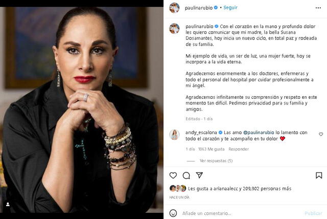 Paulina Rubio se despide de su madre