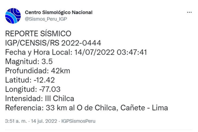 Datos del sismo en Lima, IGP