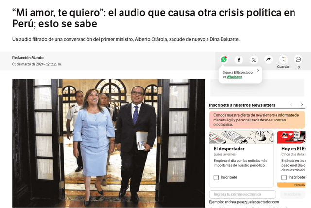  Así informa El Espectador sobre los audios de Alberto Otárola. Foto: El País/captura<br>    