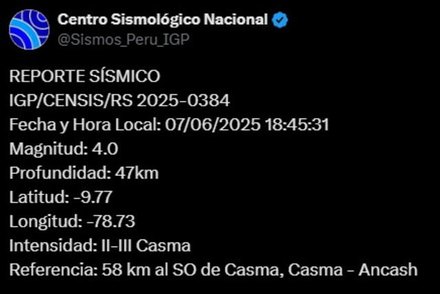 Sismo en Áncash de 4,0, según IGP. Foto: IGP Sismo en Áncash de 4,0, según IGP. Foto: IGP