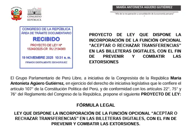 Proyecto de Ley N°13240 de Perú Libre que plantea aceptar o rechazar transferencias en Yape o Plin para combatir extorsiones