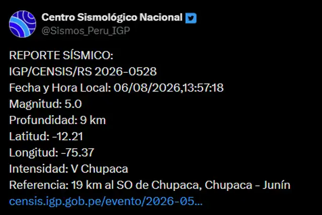 Sismo 5,0 en Chupaca, Junín