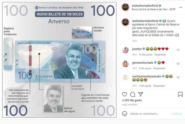 Andrés Hurtado emocionado tras aparecer en nuevos billetes. Foto: captura Instagram