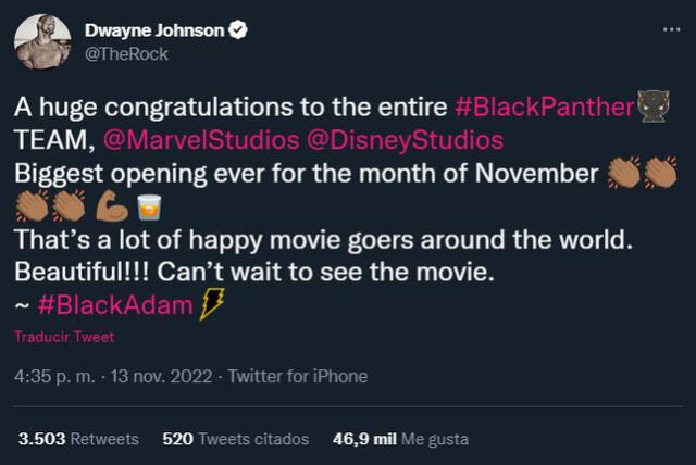 Dwayne Johnson celebró la popularidad de "Black Panther 2". Foto: @TheRock
