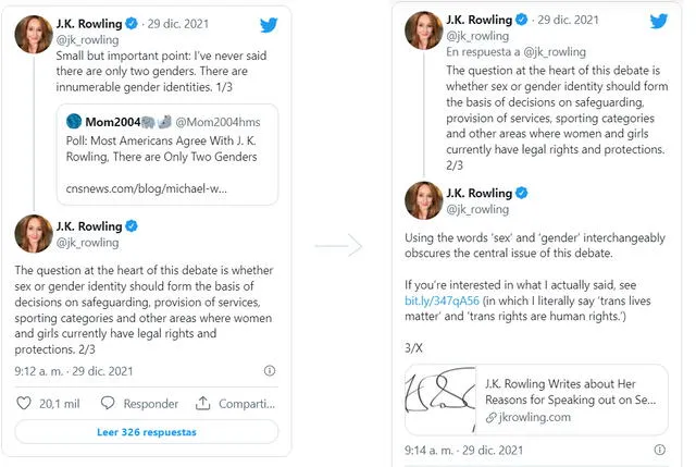 Tweets de J.K. Rowling donde aclara sus ideas sobre las personas trans. Foto: captura Twitter