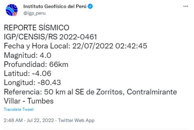 Datos del sismo en Tumbes. Foto: captura de Twitter @igp_peru