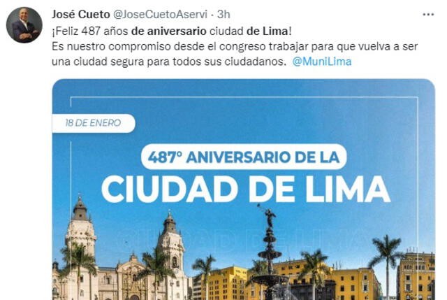 Congresista de Renovación Popular José Cueto envió sus saludos por el aniversario de Lima.