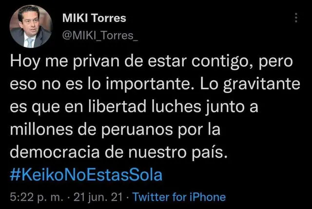 Tuit de Miki Torres a lideresa de Fuerza Popular. Foto: captura Twitter