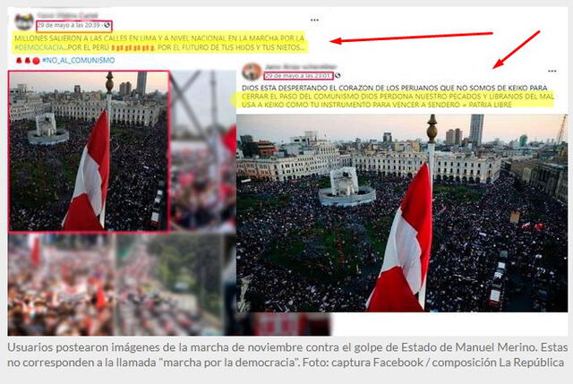 Bulos que usaron la fotografía de Rodrigo Abd y las hicieron pasar como registro fotográfico de la llamada “marcha por la democracia”. FOTO: Captura de VerificadorLR.