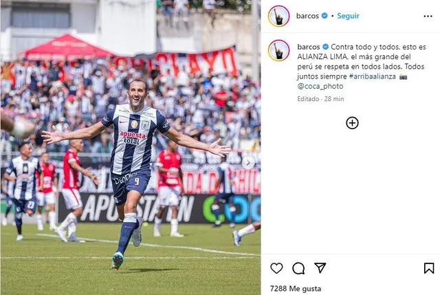 Hernán Barcos y su publicación tras triunfo de Alianza Lima. <strong>Foto: Hernán Barcos/Instagram</strong>   