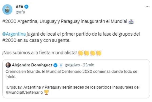  Tuit de la AFA. Foto: captura de X/Twitter   