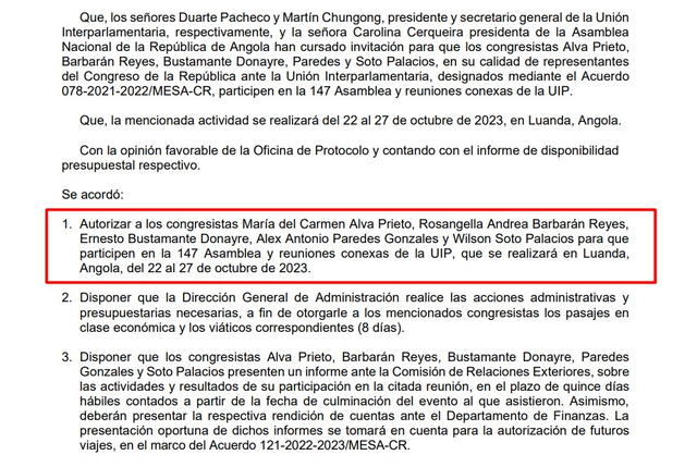 Autorizan viaje de cinco congresistas a Angola. Foto: acta 13 de sesiones de la Mesa Directiva   