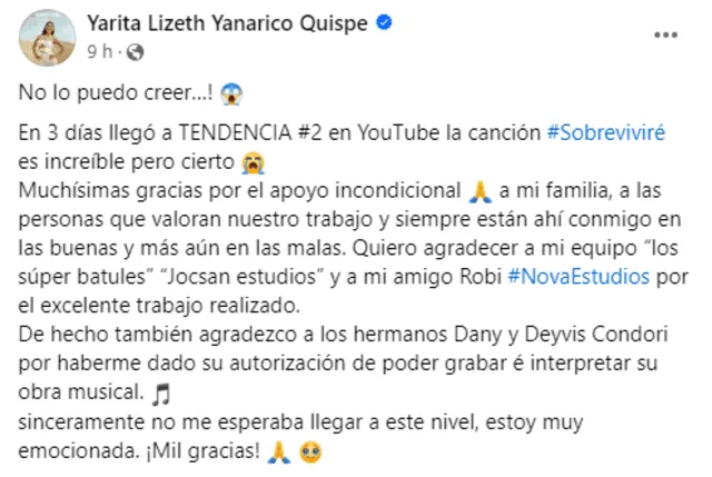 Yarita Lizeth se pronunció en redes sociales. Foto: Facebook/Yarita Lizeth   