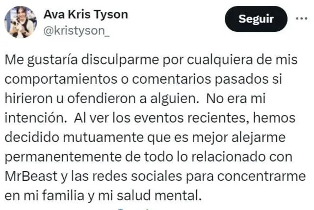  Ava Kris Tyson compartió un mensaje a través de sus redes sociales en el que anuncia su alejamiento de MrBeast. Foto:X/@kristyson_    