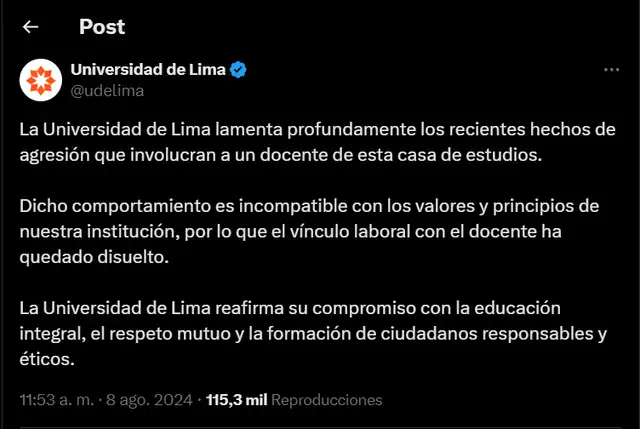 Comunicado de la Universidad de Lima. Foto: X/Universidad de Lima   