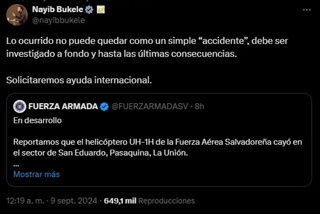 Bukele lamentó la muerte de Mauricio Arriaza en un accidente de helicóptero. Foto: captura @nayibbukele/Twitter   
