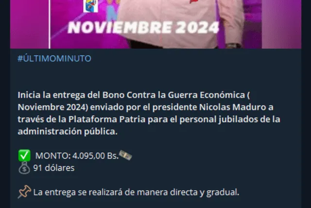 El pago del Bono de Guerra para jubilados llegó el 18 de noviembre. Foto: Canal Patria Digital/ Telegram