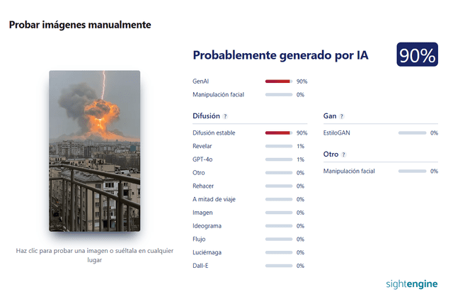 <em> Resultados de Sight Engine sobre el bulo. Foto: captura de pantalla</em>   