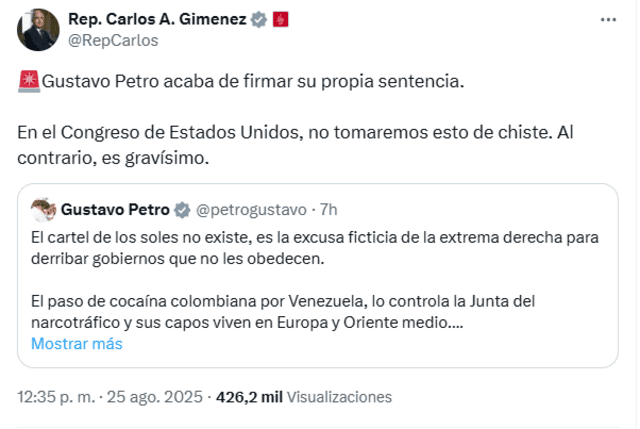  Congresista de Estados Unidos arremete contra Gustavo Petro. Foto: X.   