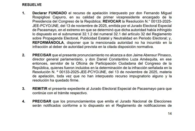Resolución del JNE sobre el caso de Fernando Rospigliosi.   