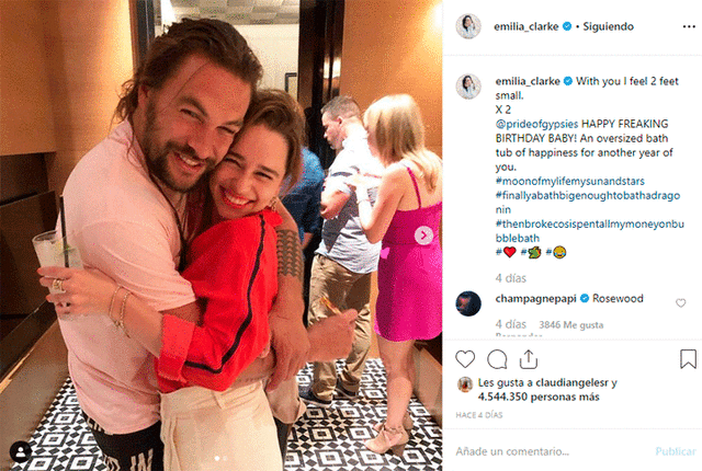 Emilia Clarke felicita a Jason Momoa por sus 40 años. Foto: Instagram