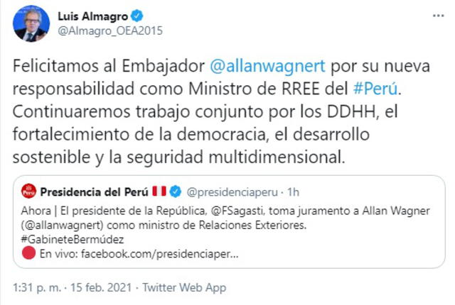La designación de Allan Wagner fue saludada por Luis Almagro. Foto: captura de Twitter