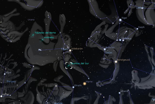 El radiante de las táuridas del Sur se encuentra en la constelación de Tauro, muy cerca de la estrellas Aldebarán. Foto: captura de Stellarium / La República