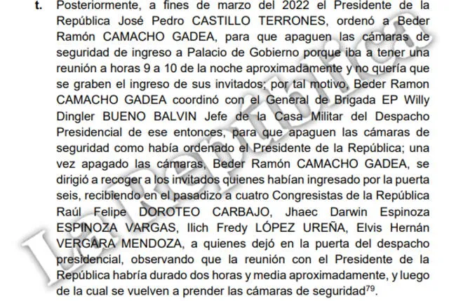 Orden del jefe de Estado de apagar las cámaras aparecen en el informe Nº 068 - 2022- del Equipo Especial. Foto: La República