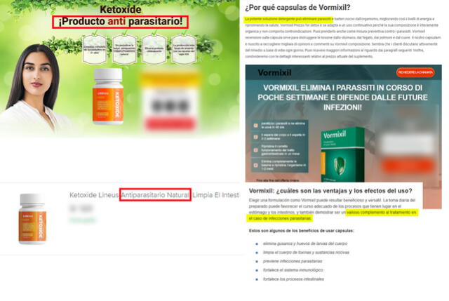 Promociones de los productos como antiparasitarios. Foto: capturas en portales web.