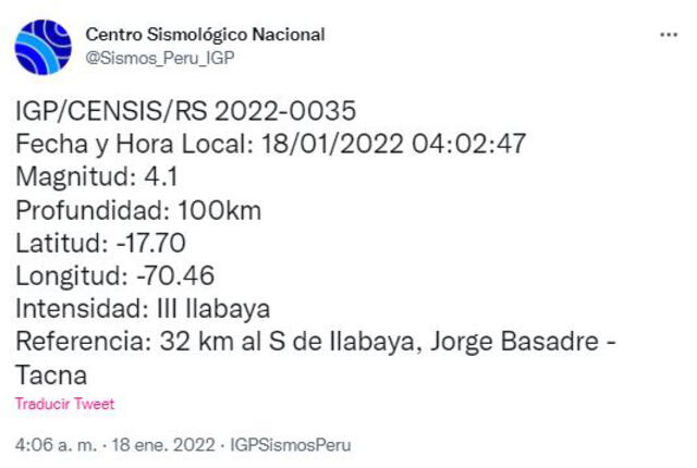 Datos del sismo en Tacna. Foto: captura IGP