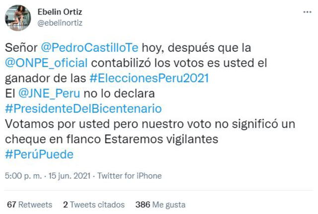 Ebelin Ortiz advierte a Pedro Castillo