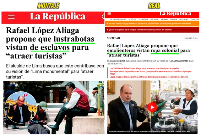  Imagen falsa e imagen real. Foto: composición / captura en Facebook y web de La República   
