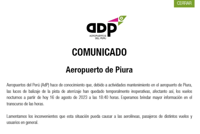  Comunicado de Aeropuertos del Perú. Foto: ADP    