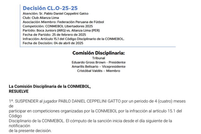 Comunicado de la Comisión de Disciplina. Foto: Conmebol Comunicado de la Comisión de Disciplina. Foto: Conmebol
