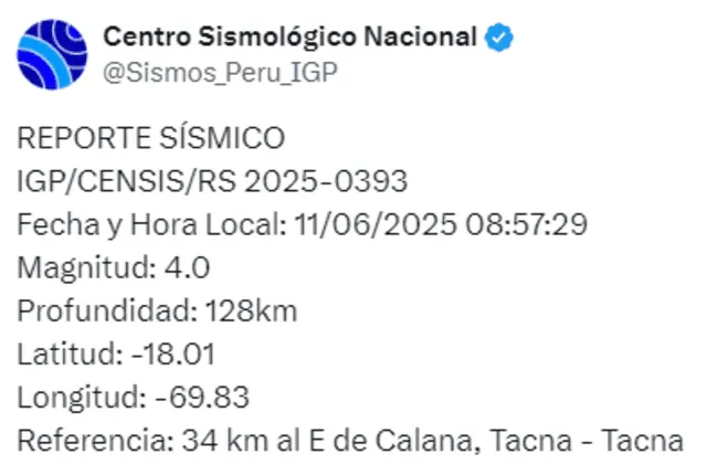 Temblor en Tacna. Foto: IGP Temblor en Tacna. Foto: IGP