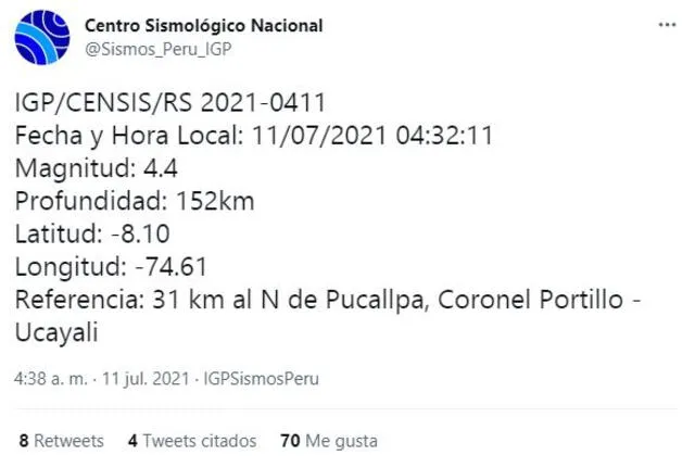 Datos del sismo en Ucayali. Foto: captura de Twitter