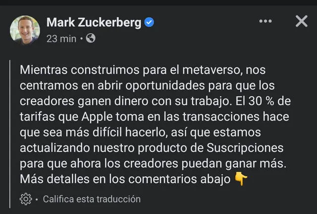 Publicación de Mark Zuckerberg