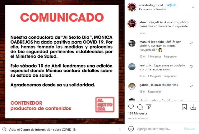 Al sexto día emite comunicado del contagio de Mónica Cabrejos. Foto: captura/Instagram
