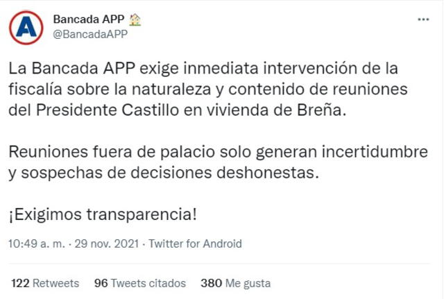 Bancada APP exige intervención de la Fiscalía por reuniones de Castillo