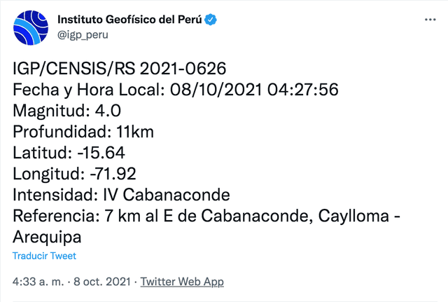 Temblor de magnitud 4.0 se sintió en Arequipa hoy, según IGP. Foto: Twitter