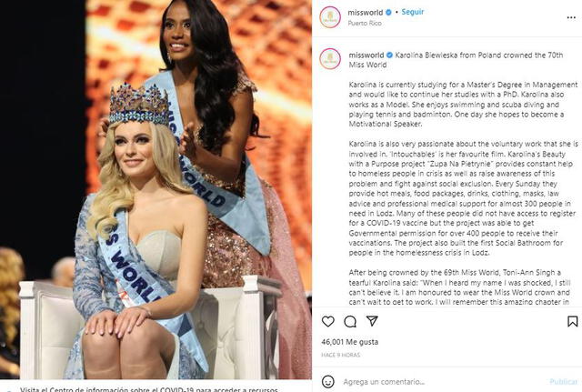 Miss Mundo destaca la labor de Karolina Bielawska. Foto: Miss Mundo/Instagram