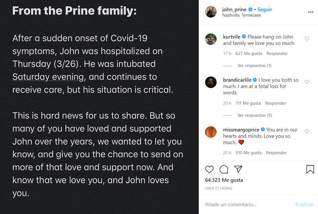 El comunicado difundido en la cuenta de Instagram de John Prine.