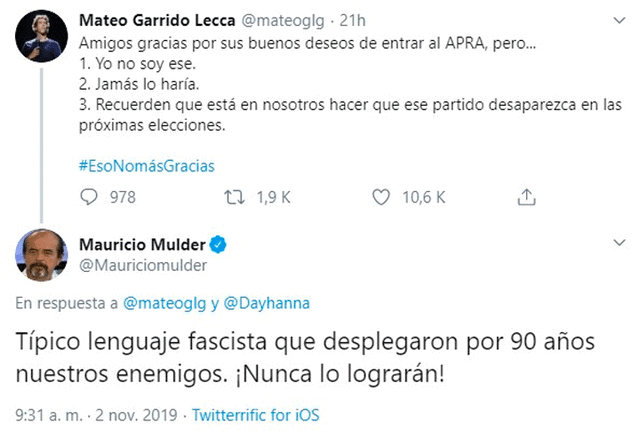 Mauricio Mulder llama 'fascista' a Mateo Garrido Lecca por sus declaraciones sobre el APRA.