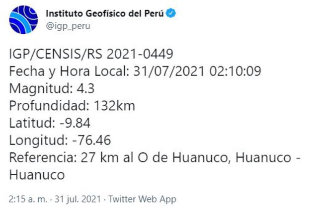 Foto: captura Twitter  Instituto Geofísico del Perú