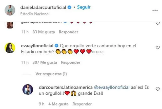 Eva Ayllón felicita a Daniela Darcourt. Foto: captura/Instagram