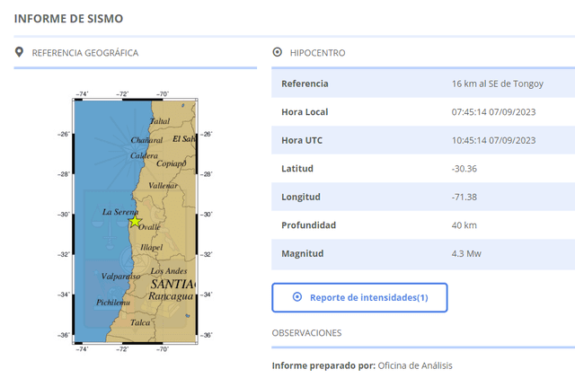 El sismo de magnitud 6.2 se sintió en Tongoy, en Chile. Foto: sismologia.cl 