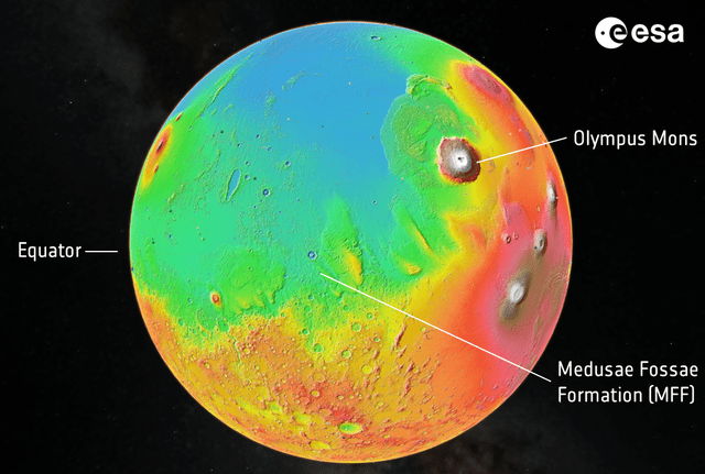  Ubicación de la formación Medusae Fossae (MFF) en el ecuador del planeta rojo. Foto: ESA   
